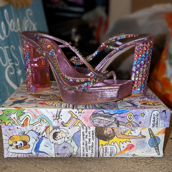 Jeffrey Campbell Size 8 Unite Pink Metallic Bright Multicolored Rhinestones Heel - Picture 6 of 10